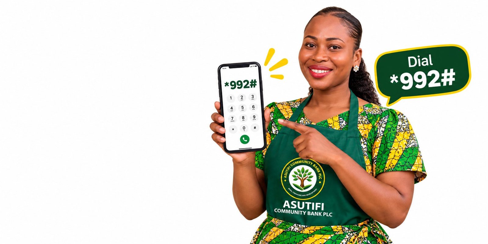 Smiling customer showing the *992# mobile banking dial code